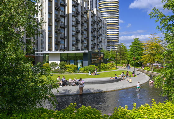 Modern apartment buildings at the White City Living development.