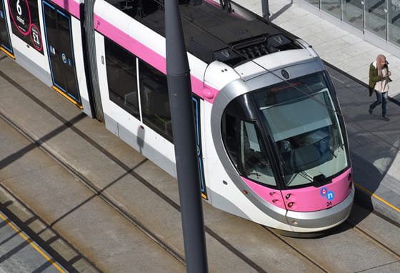 West Midlands Metro tram at an urban stop