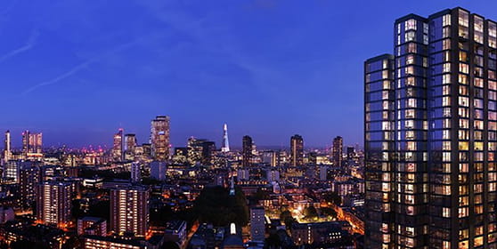 An exterior image of 250 City Road at dusk, with the London skyline views