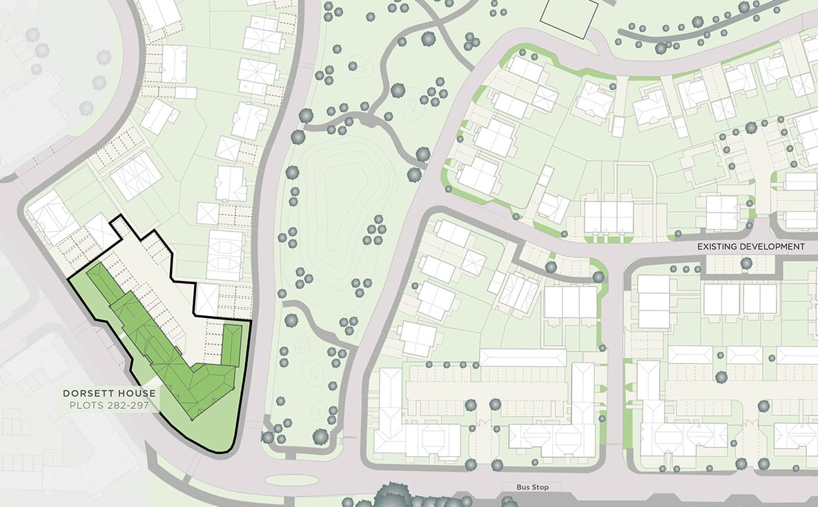 An image of the Abbey Barn Park Site Plan highlighting Dorsett House