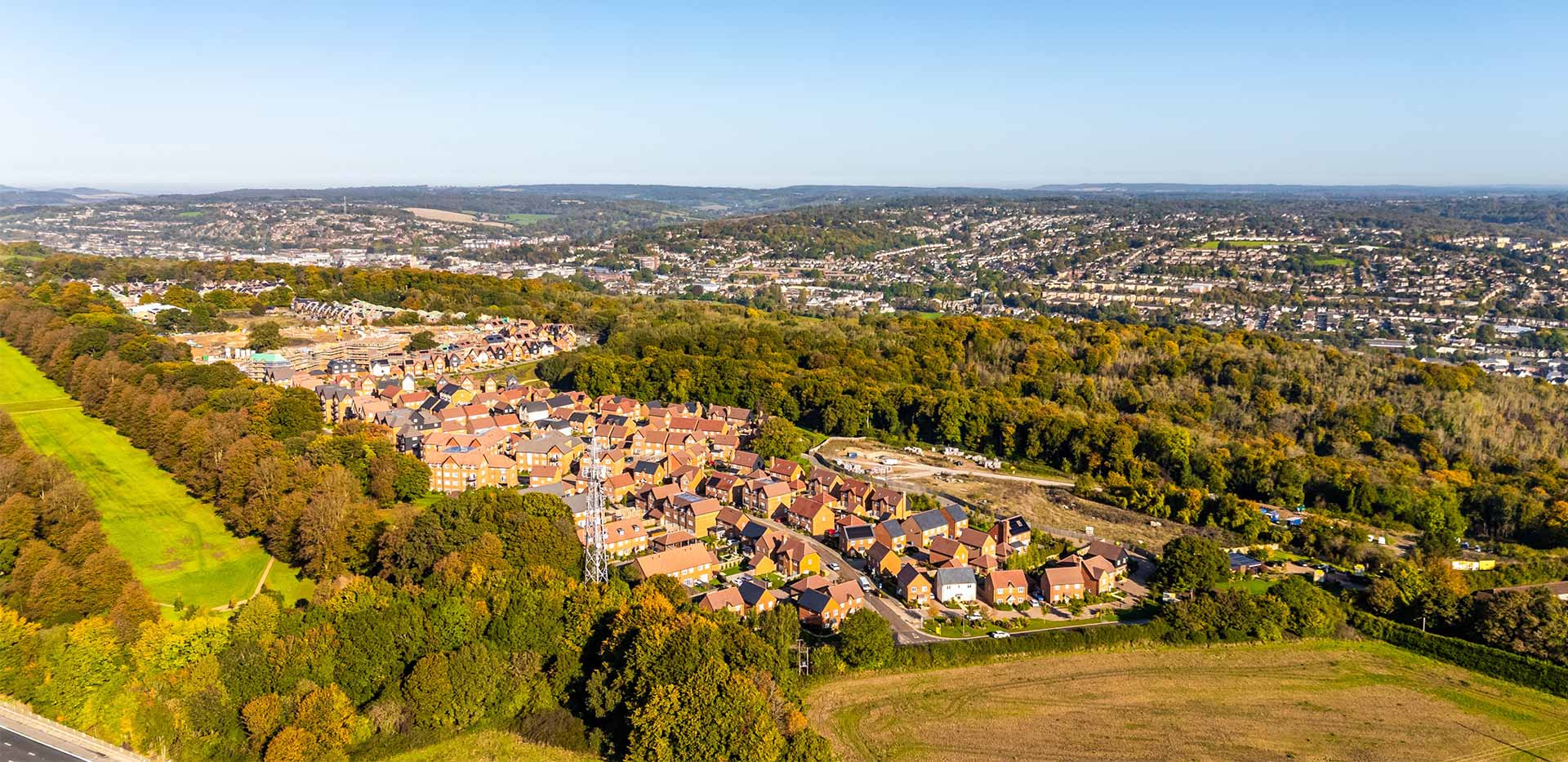An exterior aerial image of the Abbey Barn Park development