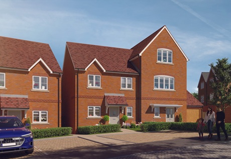 CGI of red brick new development house with front parking spaces.