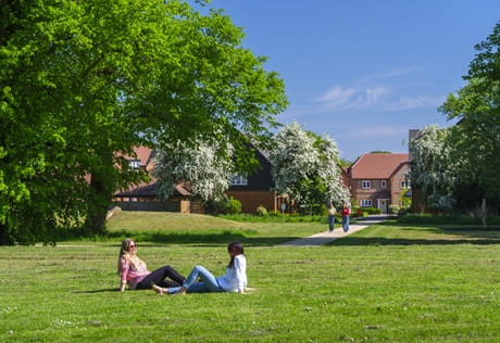 Two people sitting in the grass with lush green trees and new build homes in the background.