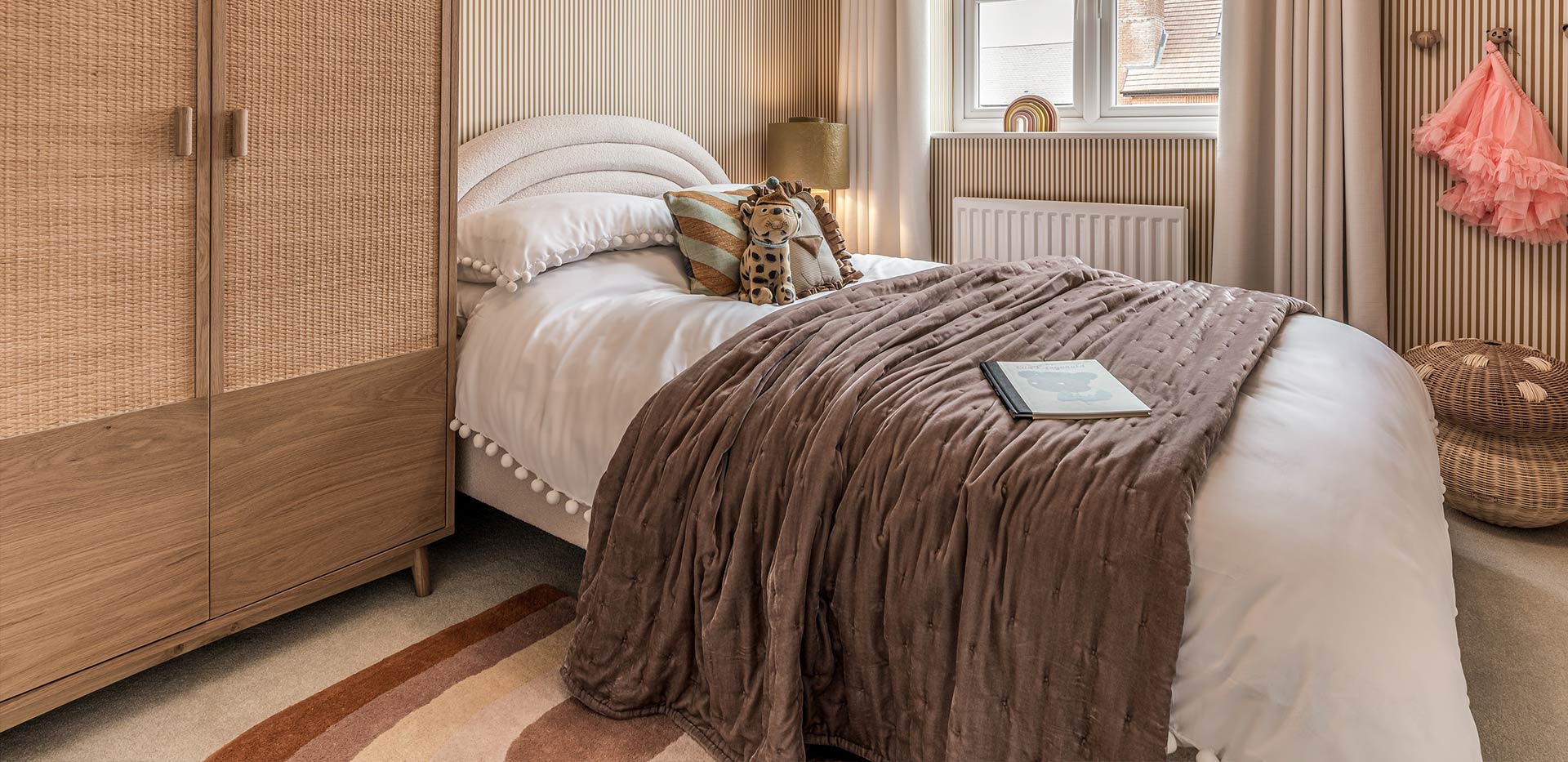 An interior Bedroom image with a wooden wardrobe
