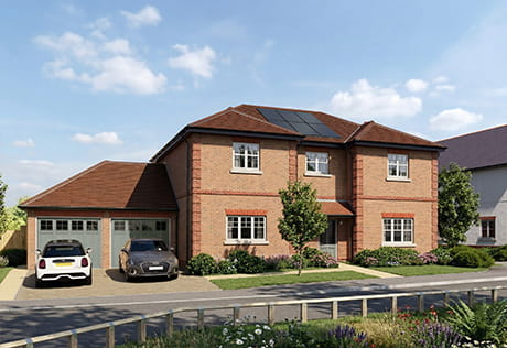 An exterior CGI of The Rowan house type at Abbey Barn Park
