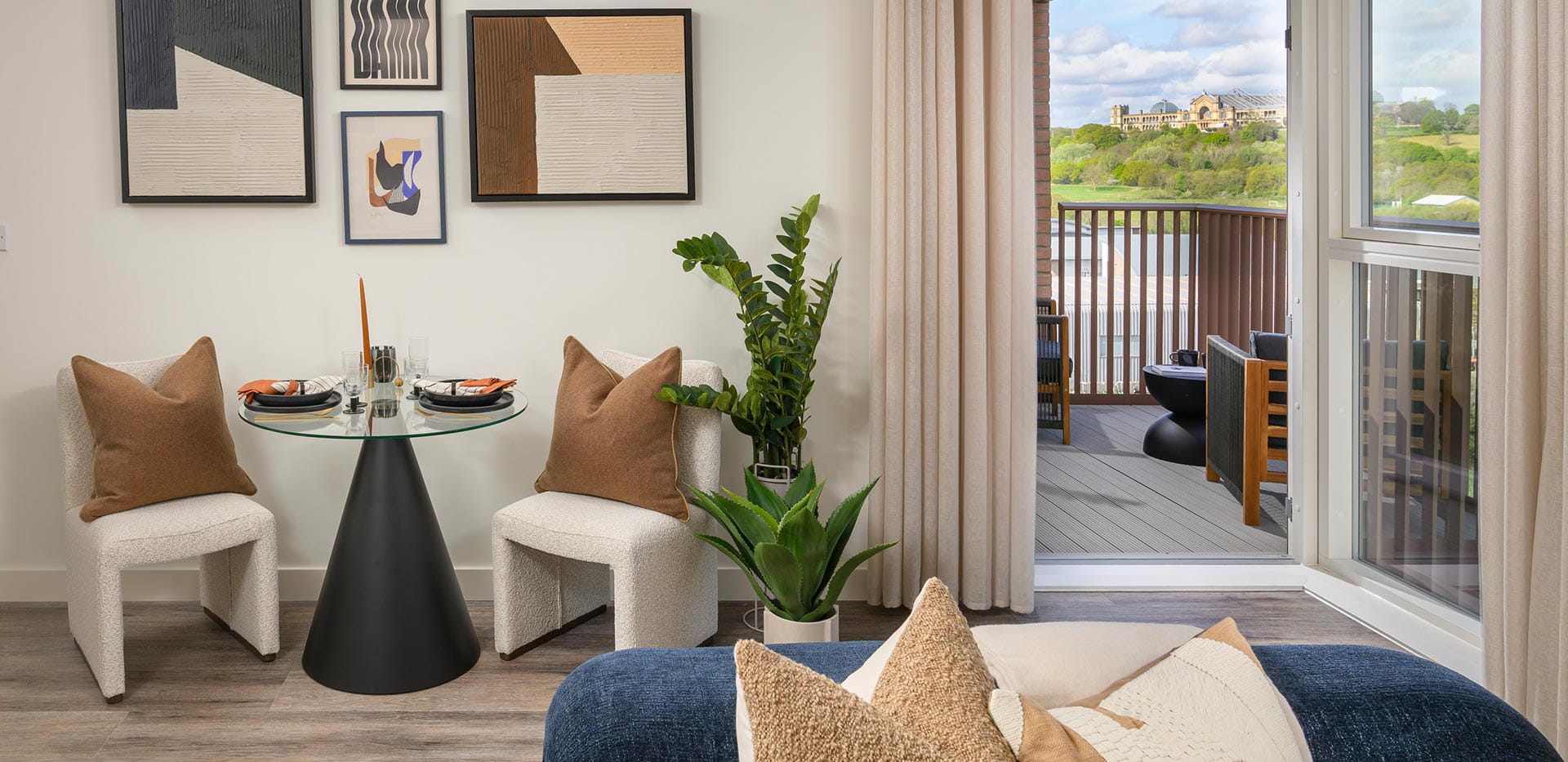 Alexandra Gate one bedroom showhome living area leading to balcony