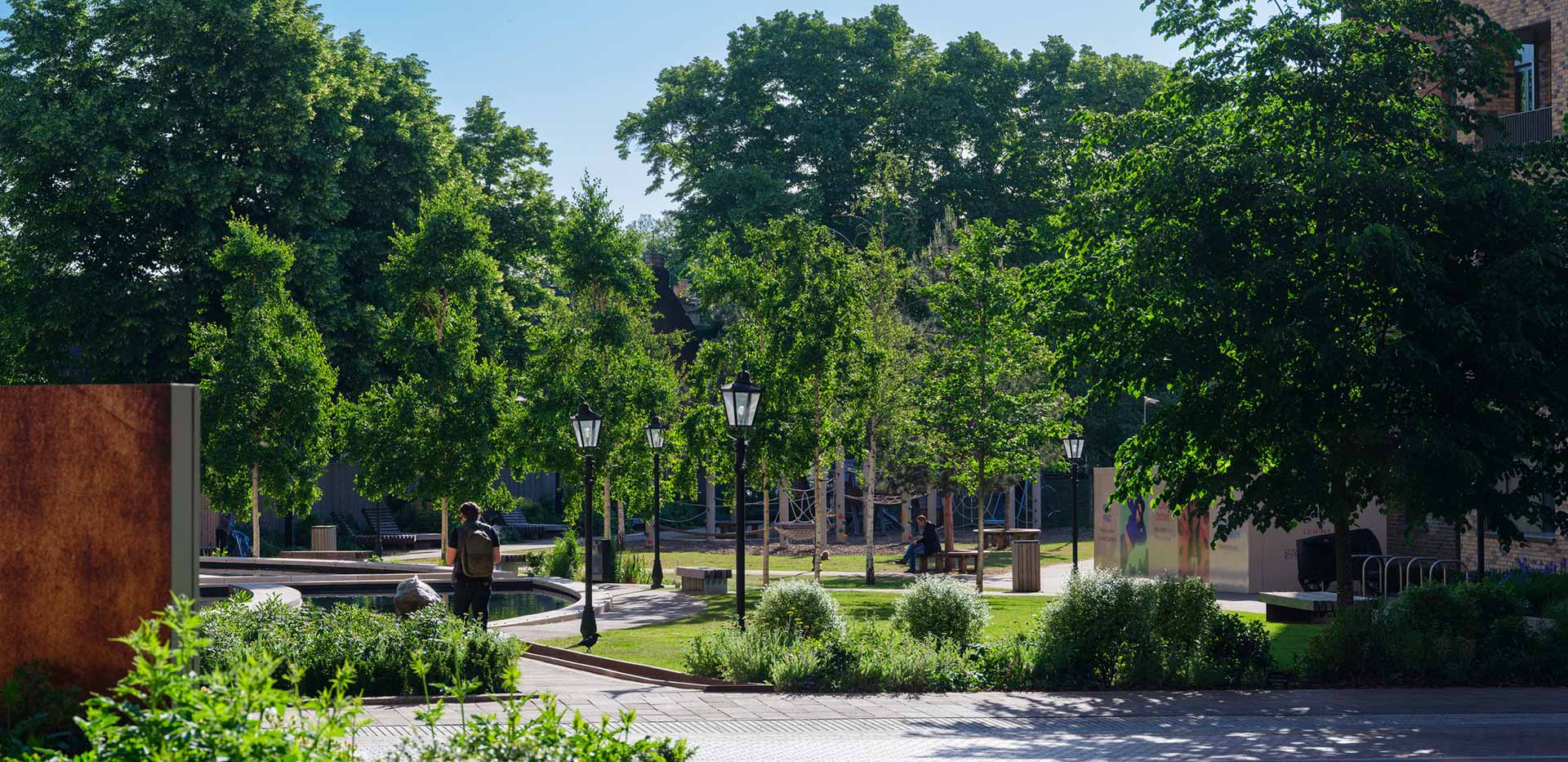 An exterior image of Alexandra Gate showing the courtyard gardens