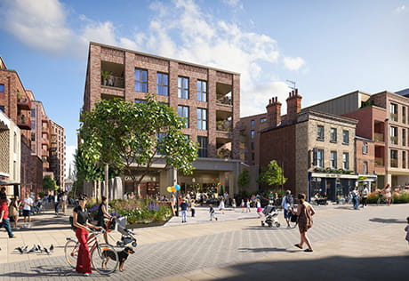 An exterior CGI of the Arch & Bloom development