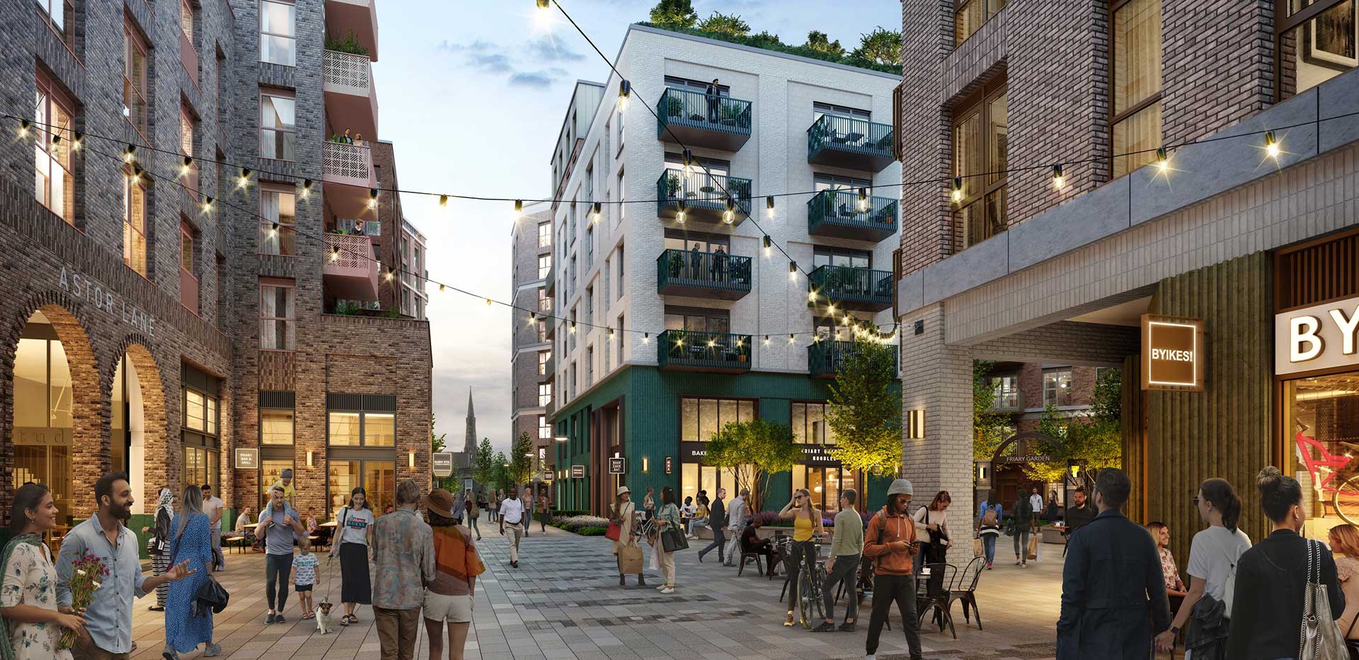 An image of a bustling community with people shopping down a busy high street in the evening