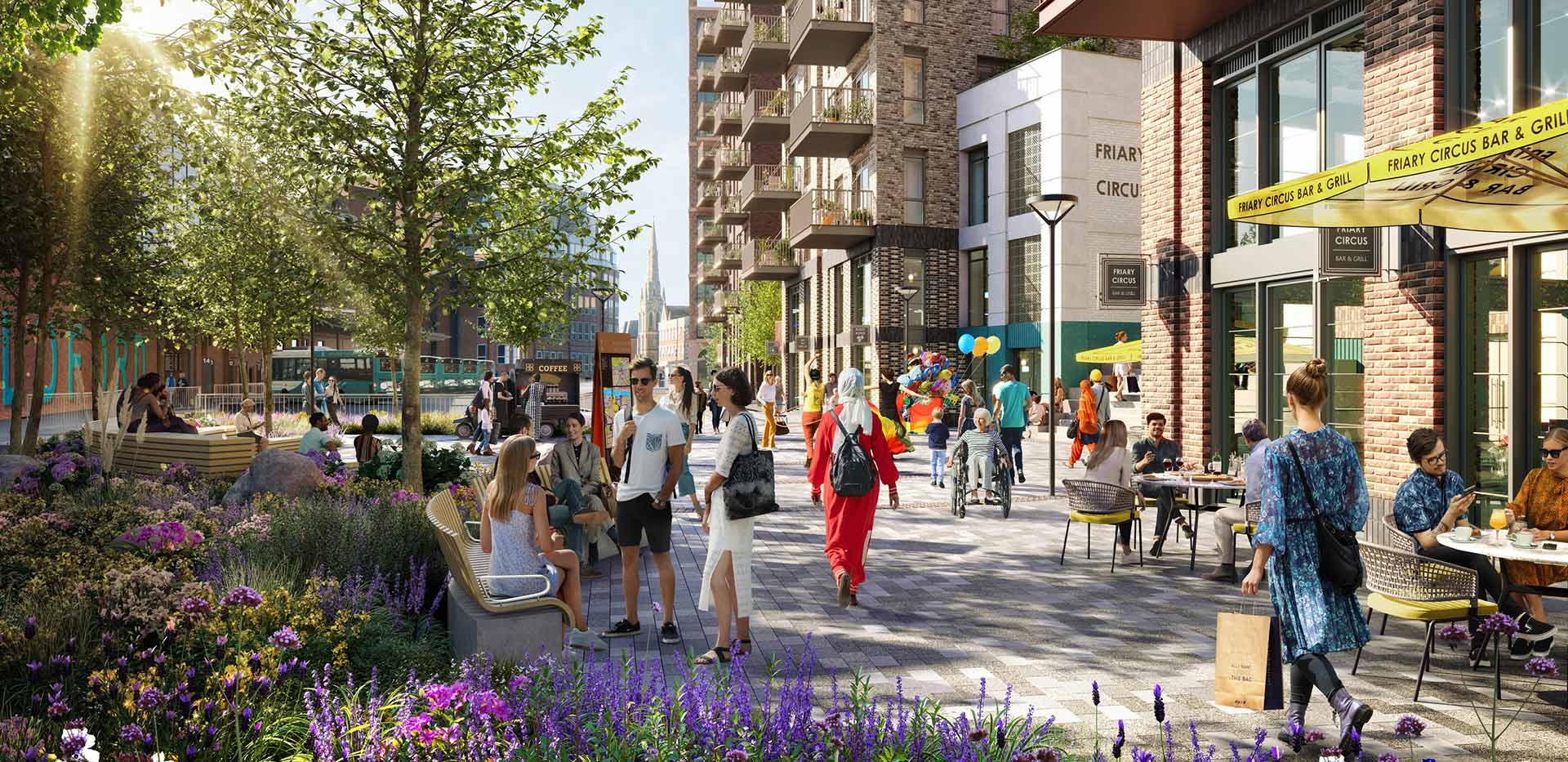 An image of people walking down a busy high street on a warm day