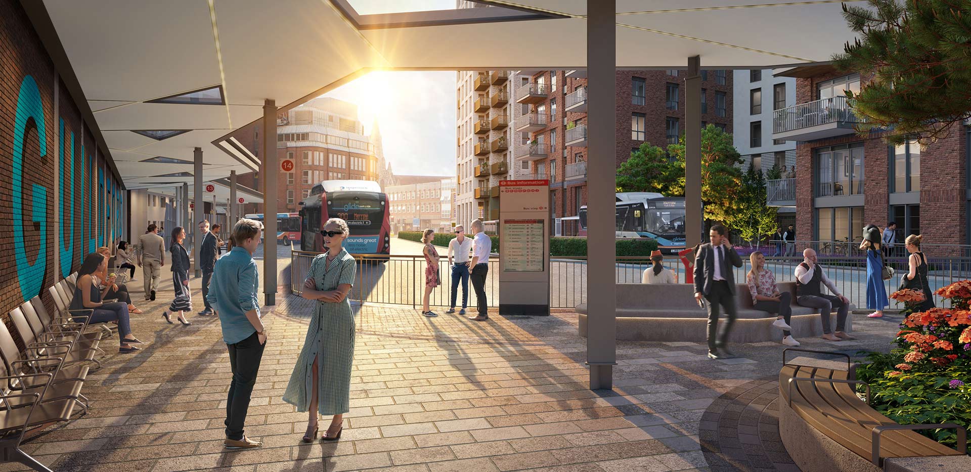 Commuters waiting for public transport at a new bus depot in the evening