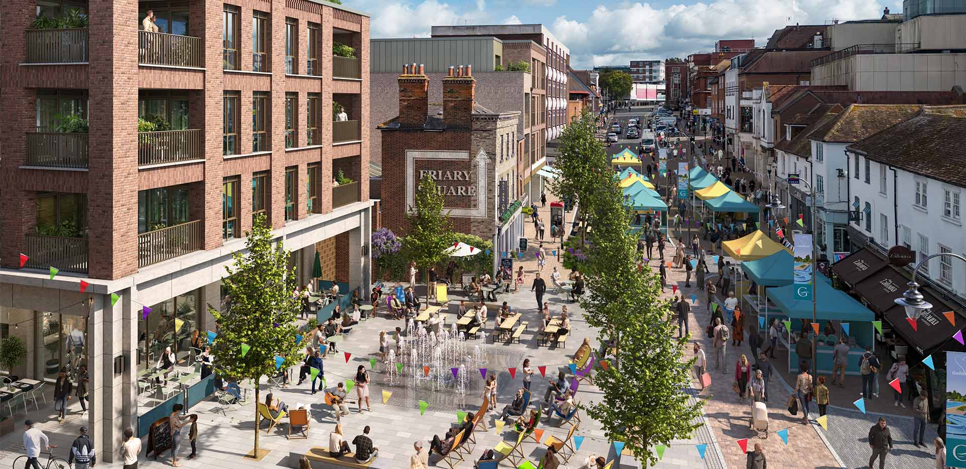 An exterior CGI of Arch and Bloom looking up North Street Guildford