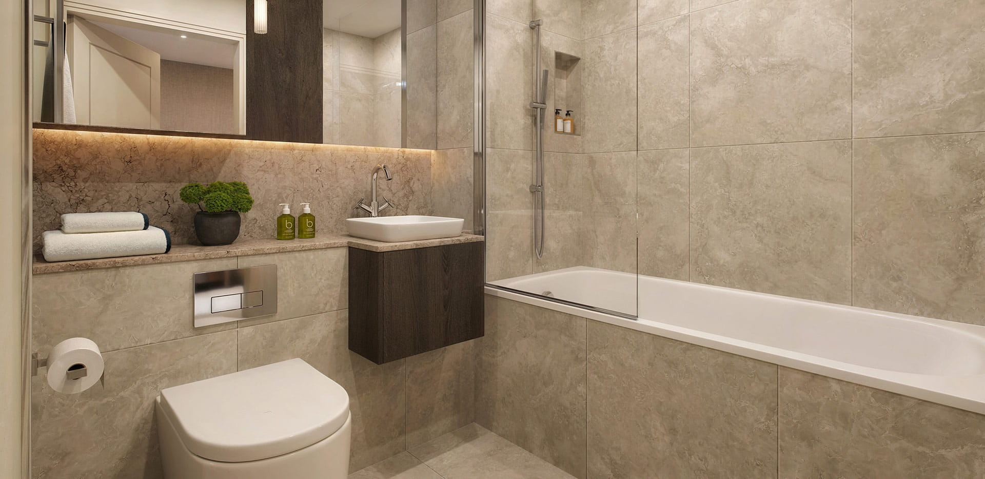 Arch & Bloom, apartment, spacious bathroom with a light design