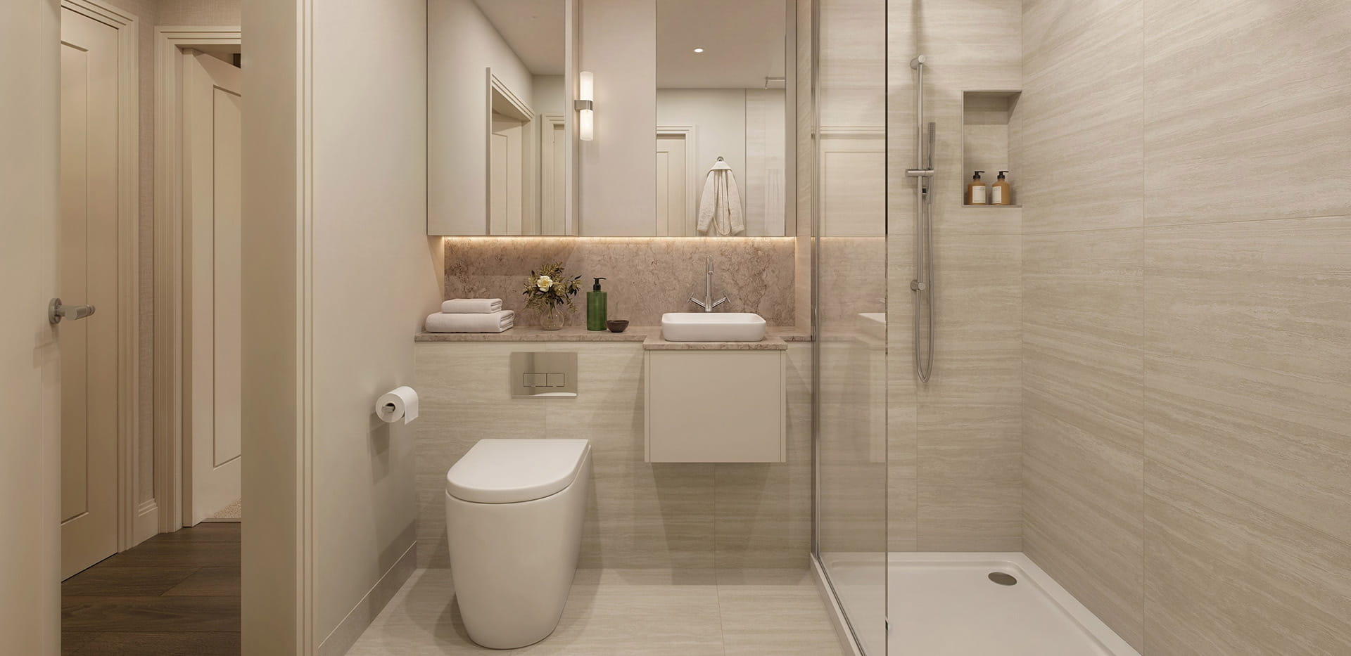 Arch & Bloom, apartment, spacious bathroom with a light design