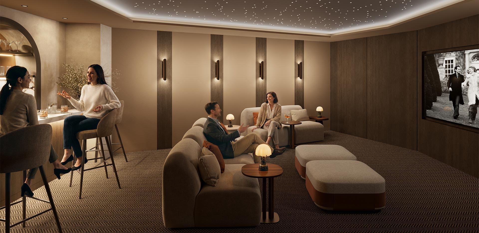 CGI of private screening lounge room.