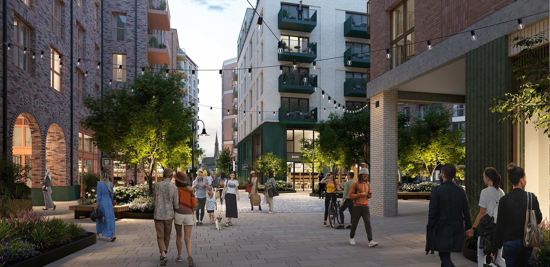 An exterior CGI of the square at Arch and Bloom