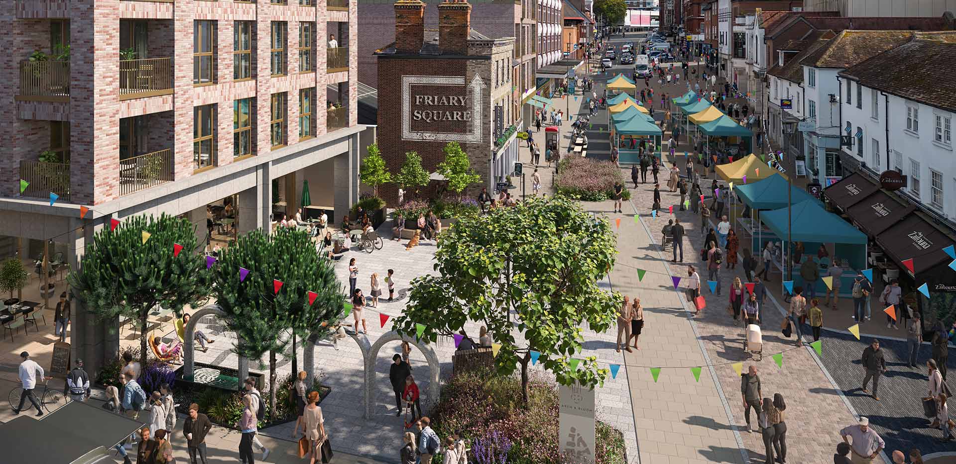 An exterior CGI of the Highstreet at Arch & Bloom