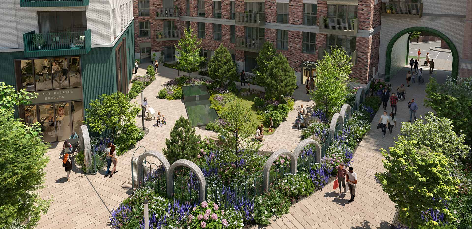 An exterior image of the green space at Arch & Bloom