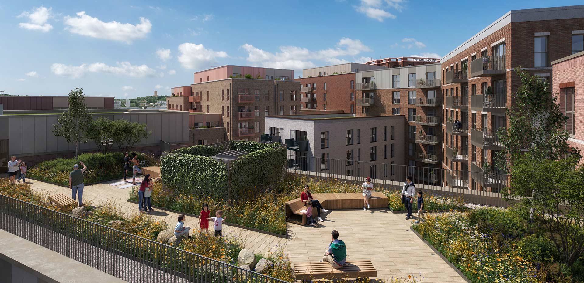 An exterior CGI showing Roof Terrace at Arch & Bloom