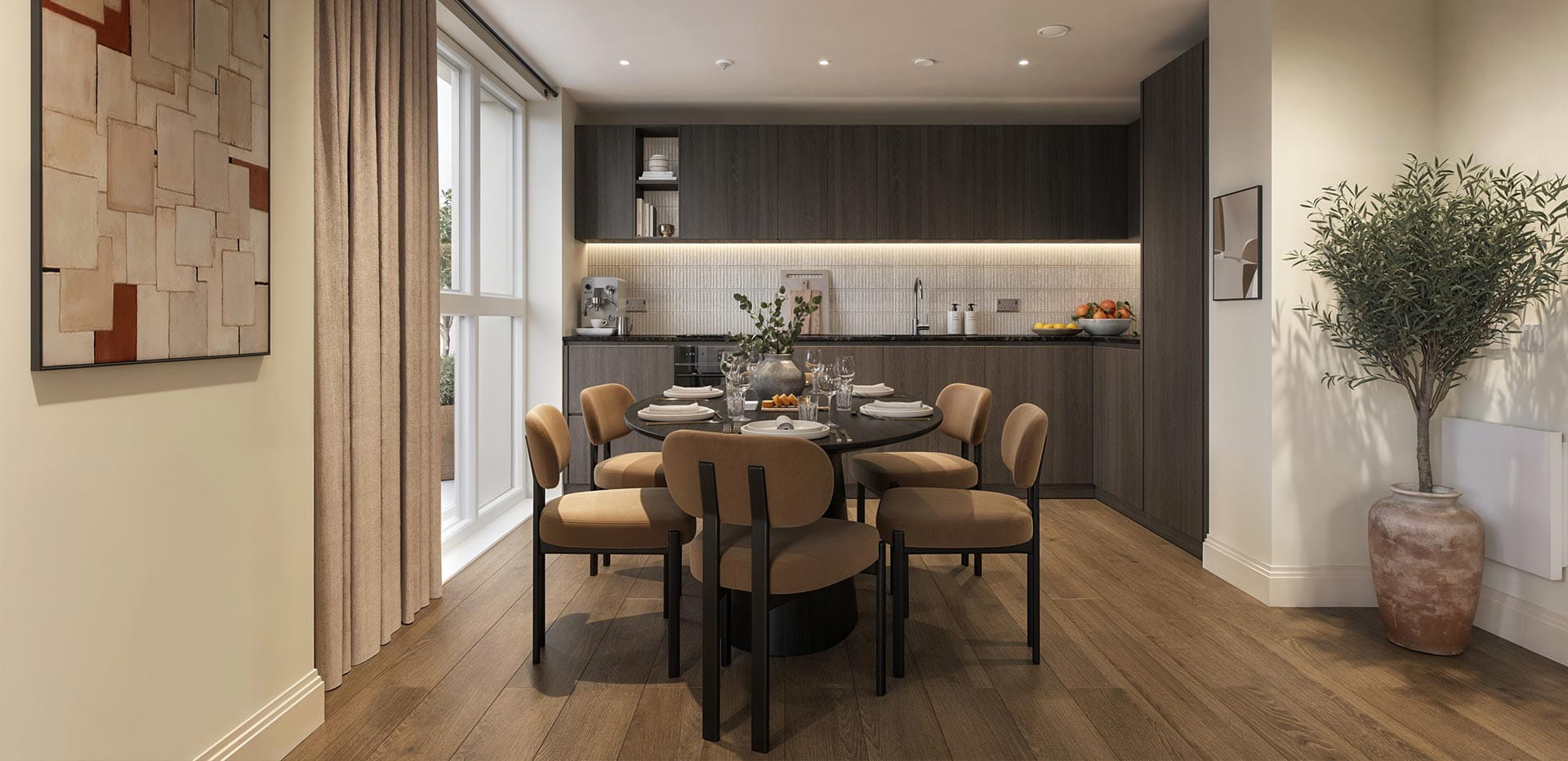 A CGI image of a Dining / Kitchen area at Arch & Bloom