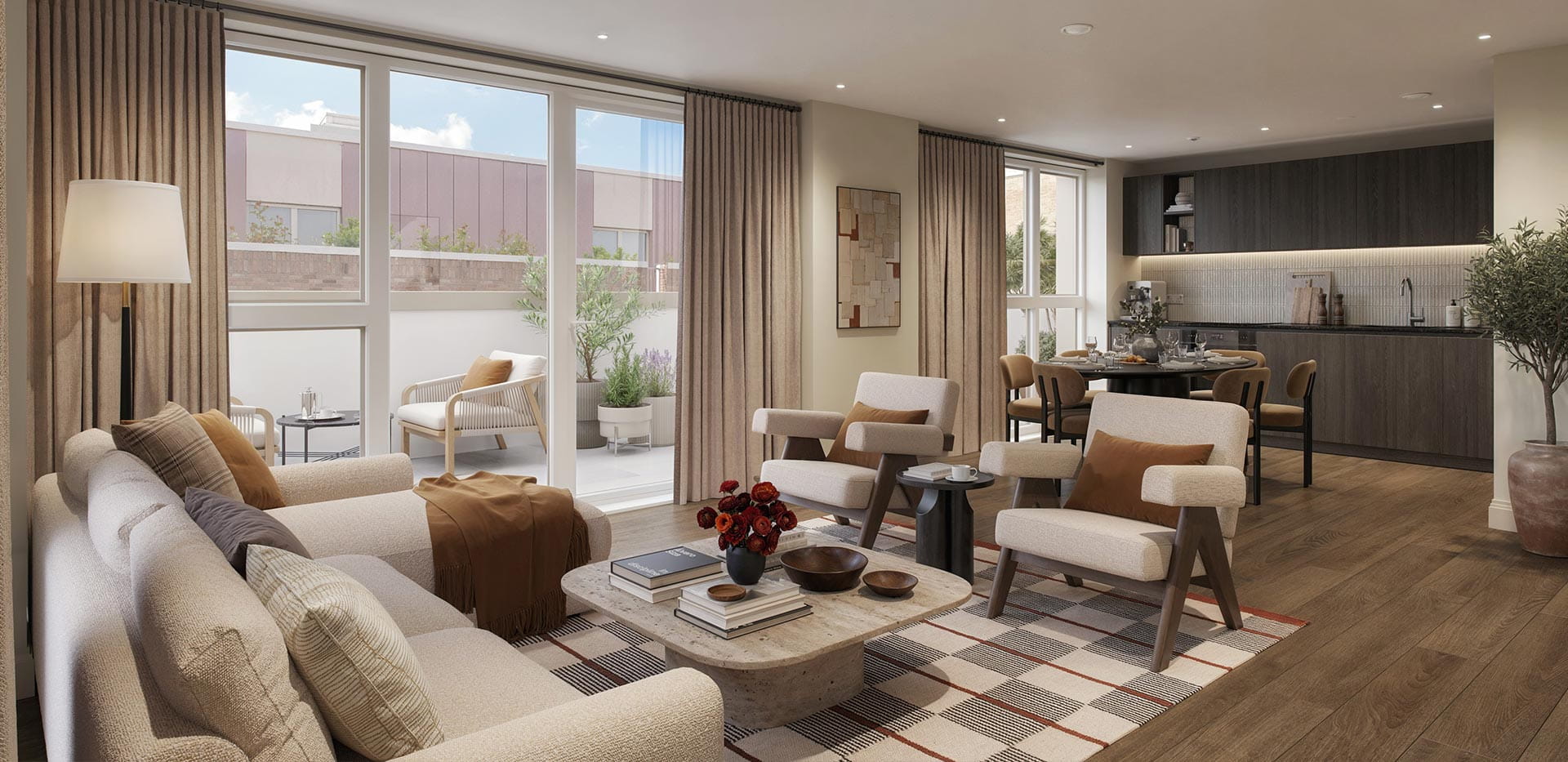 A CGI image of a Living / Dining / Kitchen Area at Arch & Bloom