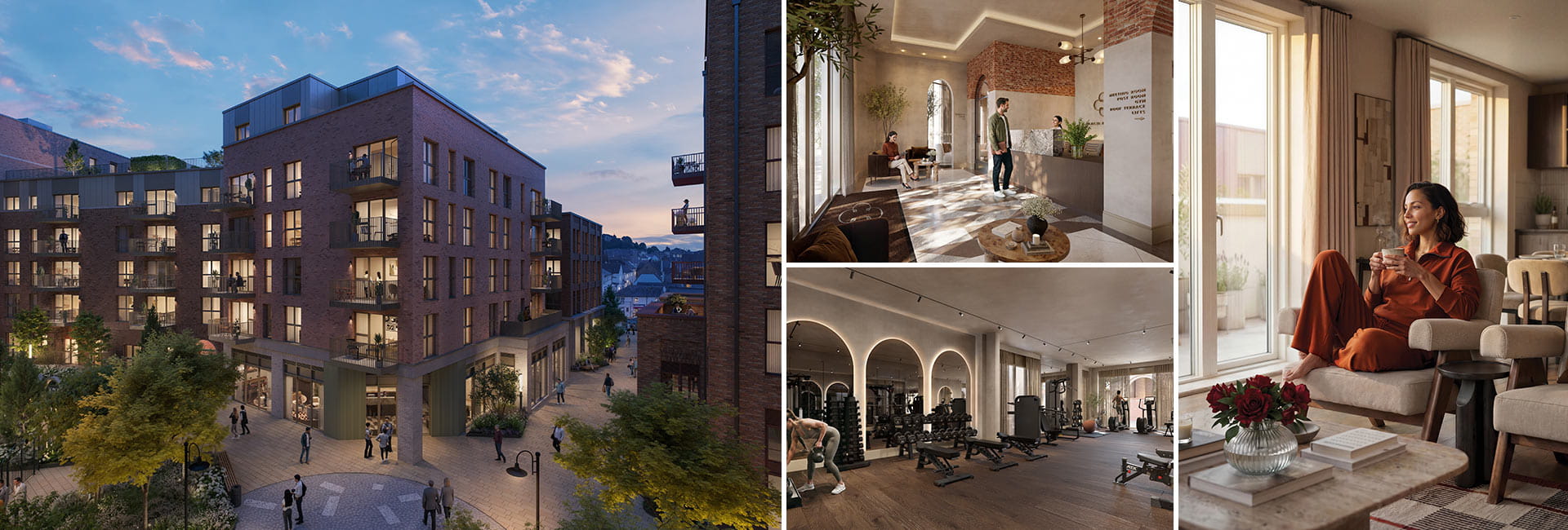 A montage of images showing the development exterior façade in the evening, interiors and communal facilities.