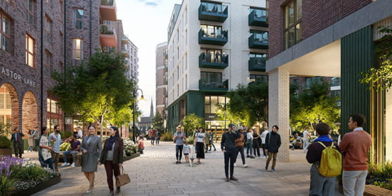 An exterior image of a Berkeley development with a bustling community in Guildford
