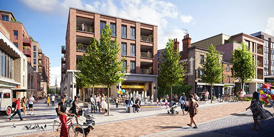 An exterior image of a Berkeley development with a bustling community in Guildford