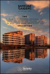 Modern new build development with building reflection in a body of water in the foreground