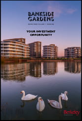 dawn/dusk view of new build flats overlooking lake with swans in foreground