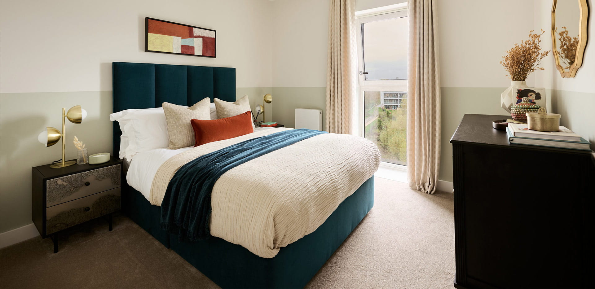 An interior Bedroom with blue headboard shot at Bankside Showhome 7.4.6