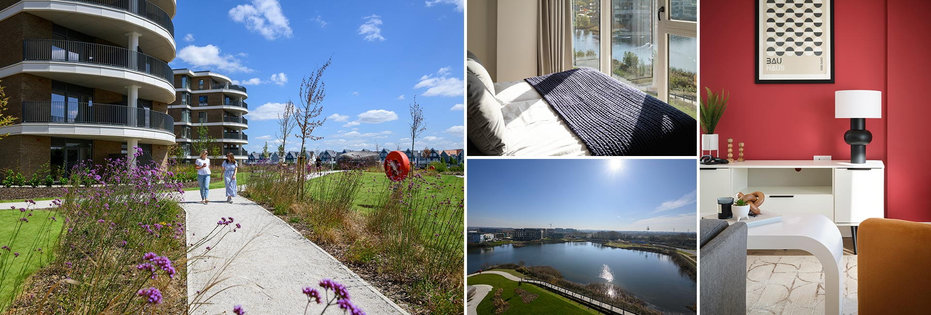 A montage of images including scenic views of the development surroundings and interior shots.