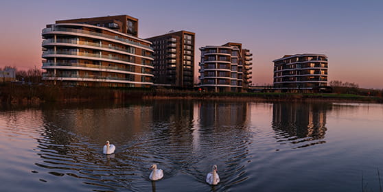 An exterior image of Bankside Gardens at dusk with the lake in the foreground