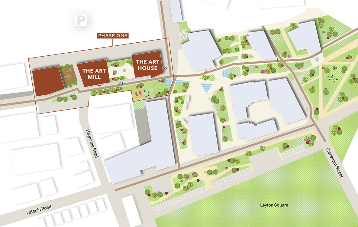 A graphic of Bermondsey Place Siteplan showing The Art Mill's location
