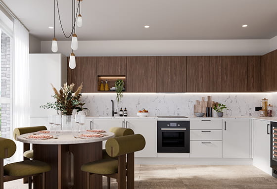 Large open plan kitchen within The Art Mill phase boasting the chalk specification