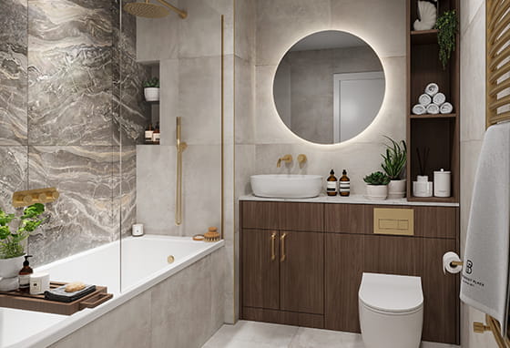CGI of a bathroom within The Art Mill phase boasting the clay specification