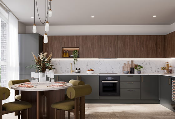Open planned kitchen within The Art Mill phase boasting the clay specification