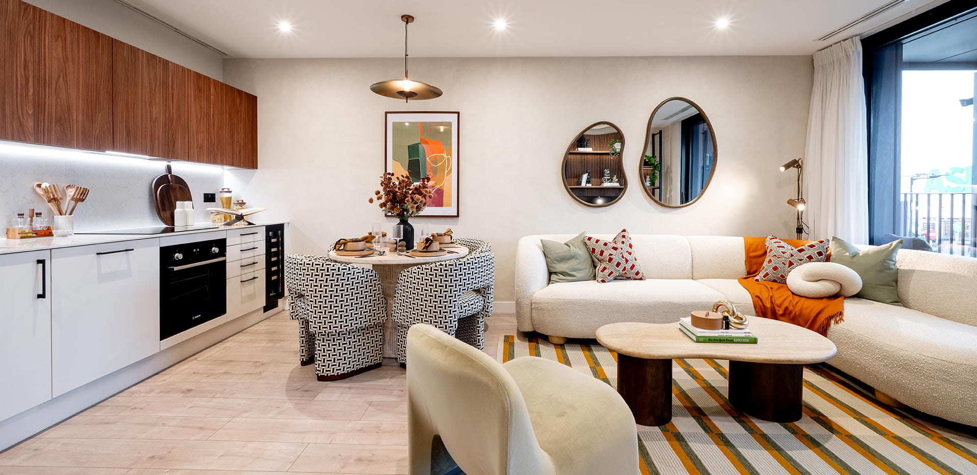 An open plan CGI of the kitchen/living area