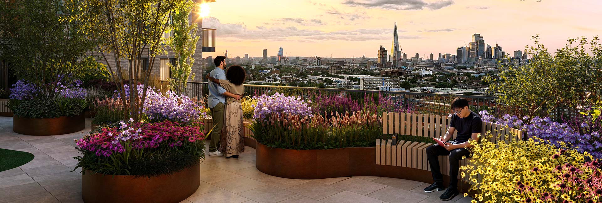 A CGI of the Roof Top Garden looking over the London skyline at Bermondsey Place
