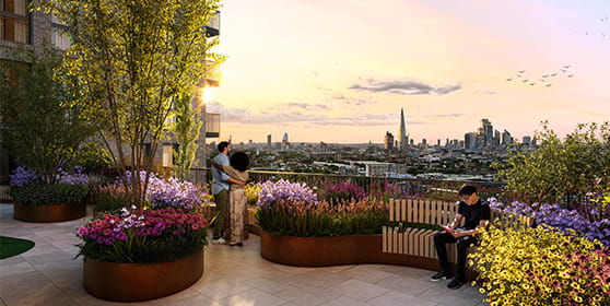 A CGI of the Roof Top Garden looking over the London skyline at Bermondsey Place
