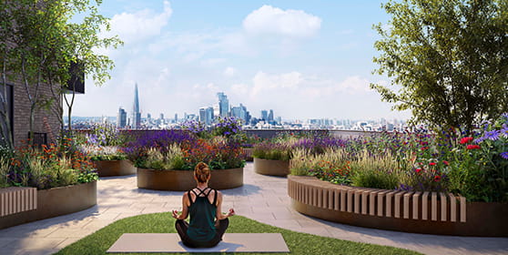 A CGI image of a woman doing yoga at Bermondsey Place with a view over London