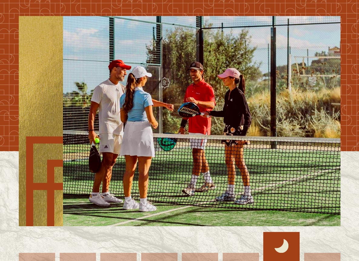 A photograph of a two couples getting ready to play Padel