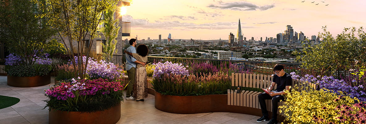 An exterior CGI of the roof top garden with a view over London from Bermondsey Place