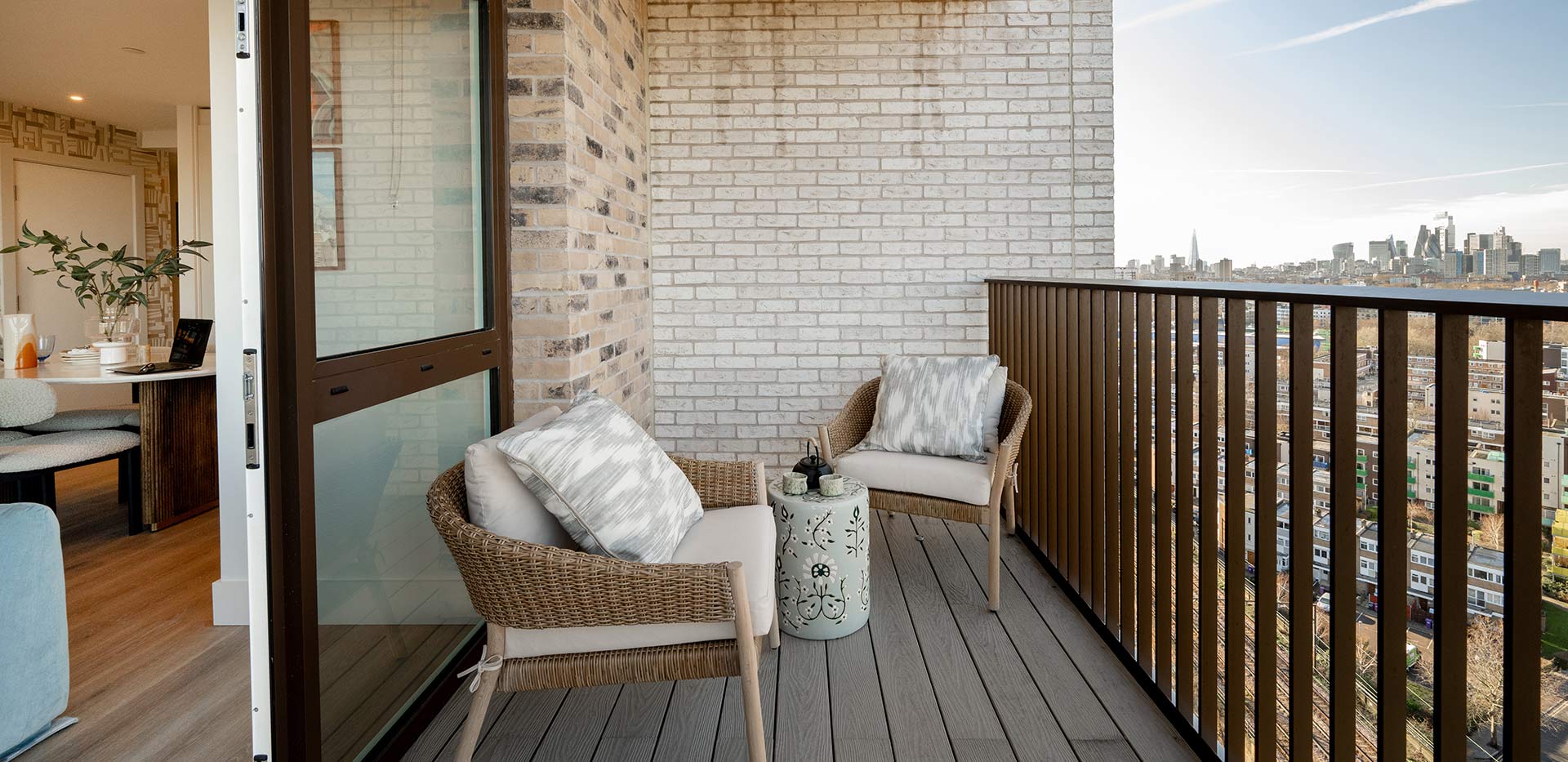 An image of the balcony from a 2-bedroom showhome at Bow Green