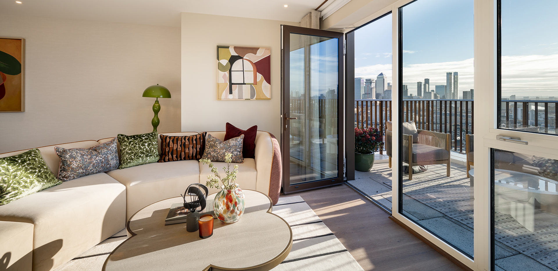 An image of the living room within a 3-bedroom penthouse at Bow Green