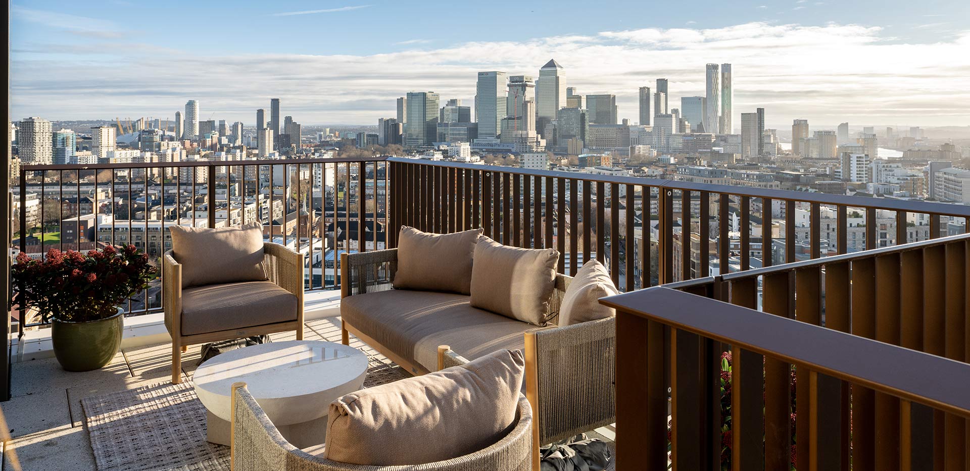 An image of the terrace within a 3-bedroom penthouse at Bow Green