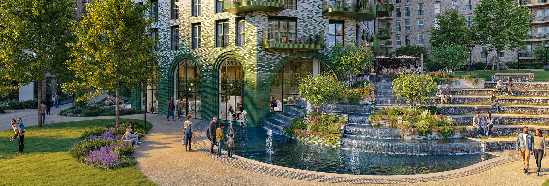 CGI of a new build development with elaborate water feature in front, pedestrian and green space areas adjacent.
