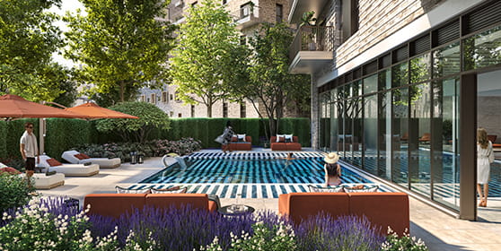 An exterior image of Bow Green apartments with London in the background