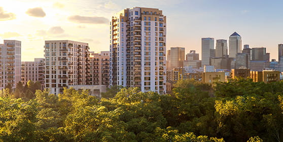 An exterior image of Bow Green with London in the background