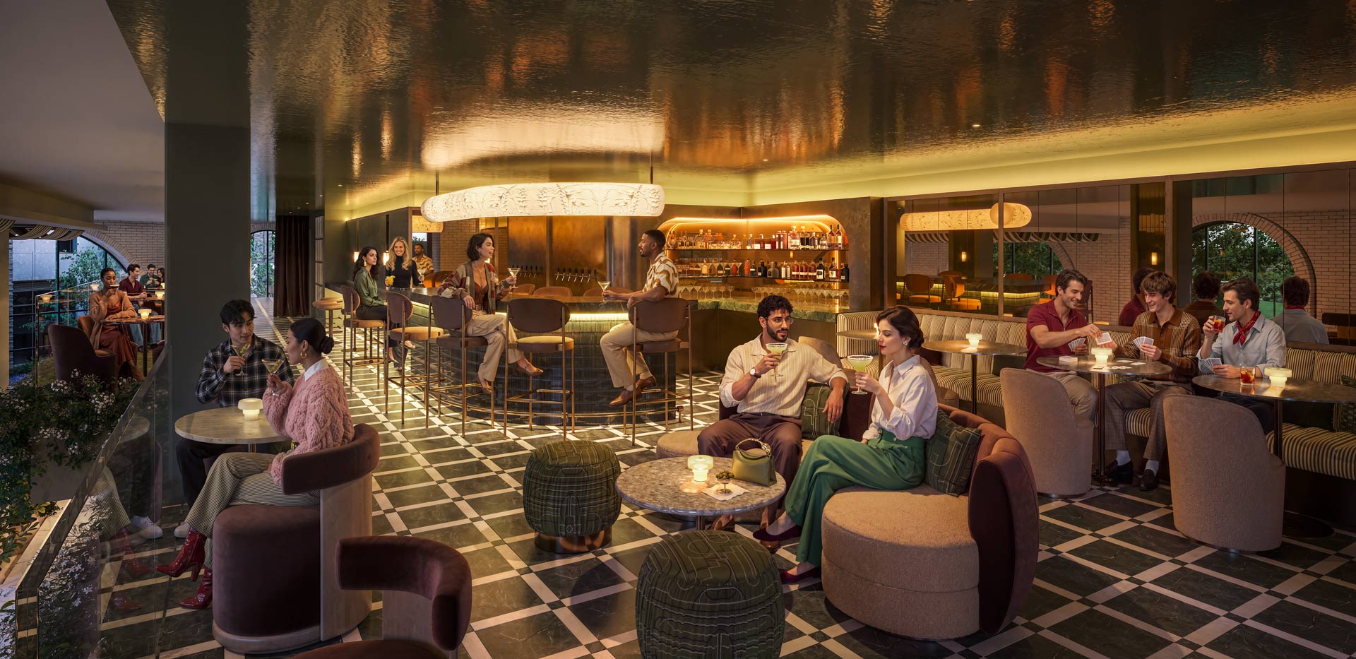 CGI of a modern designed and decorated lounge bar.